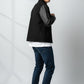 Scarlett Stitch Men's black wool blend bomber jacket with faux leather sleeves and collar. Full zip.