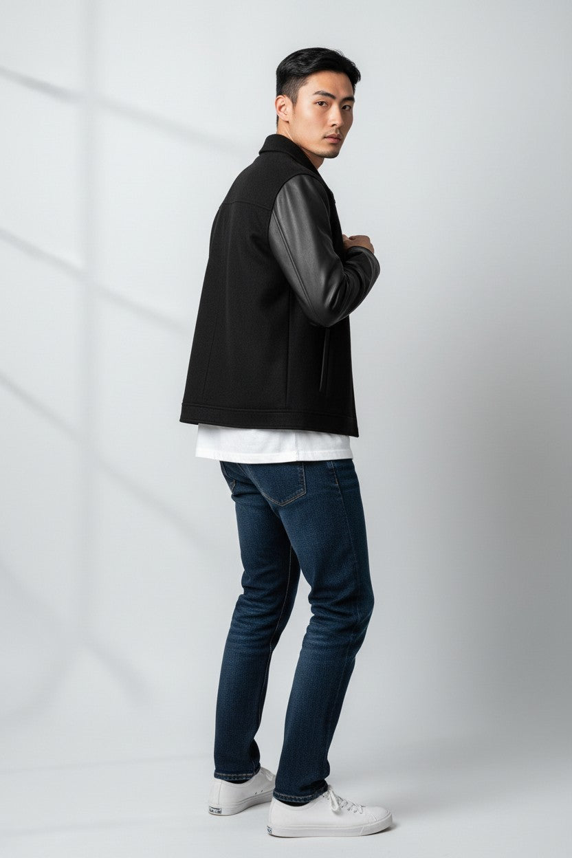 Scarlett Stitch Men's black wool blend bomber jacket with faux leather sleeves and collar. Full zip.