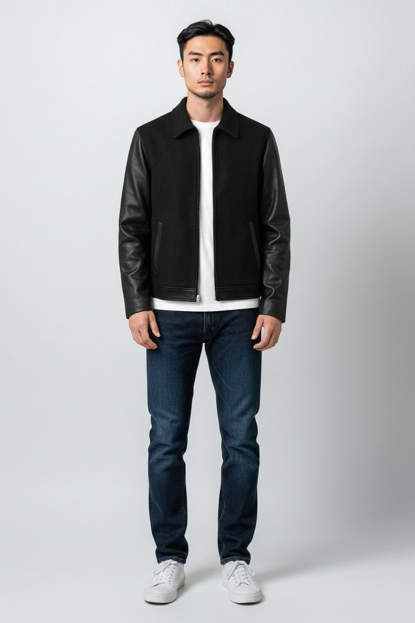 Scarlett Stitch Men's black wool blend bomber jacket with faux leather sleeves, zip front, and welt pockets.
