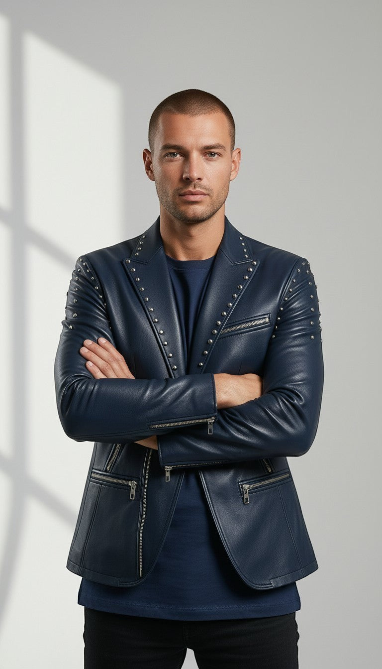Scarlett Stitch Men's navy blue faux leather blazer jacket with silver stud accents on lapels and shoulders.