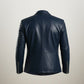 Scarlett Stitch navy blue faux leather blazer jacket with silver stud accents on lapels and shoulders.
