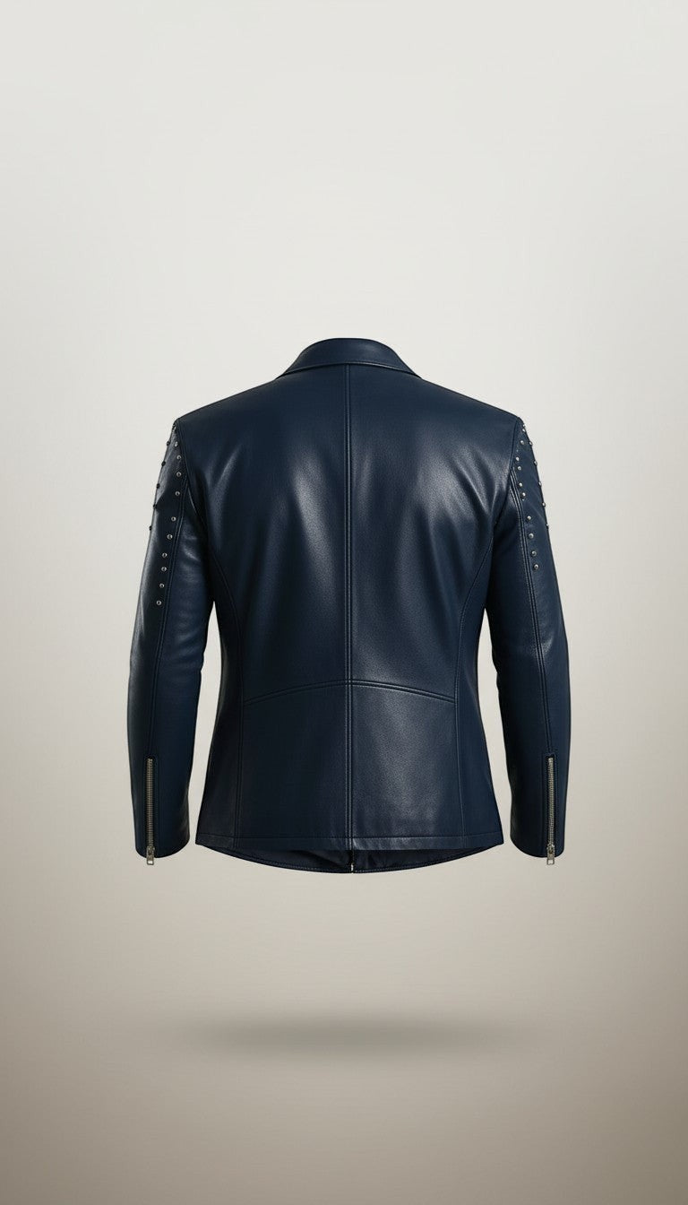 Scarlett Stitch navy blue faux leather blazer jacket with silver stud accents on lapels and shoulders.