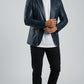 Scarlett Stitch navy blue faux leather blazer with silver stud accents on lapels and shoulders. Men's tailored fit.