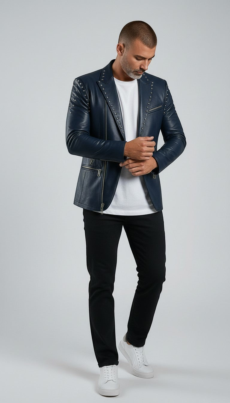 Scarlett Stitch navy blue faux leather blazer with silver stud accents on lapels and shoulders. Men's tailored fit.