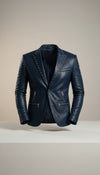 Scarlett Stitch navy blue faux leather blazer jacket with silver stud embellishments on lapels and shoulders, zippered pockets.