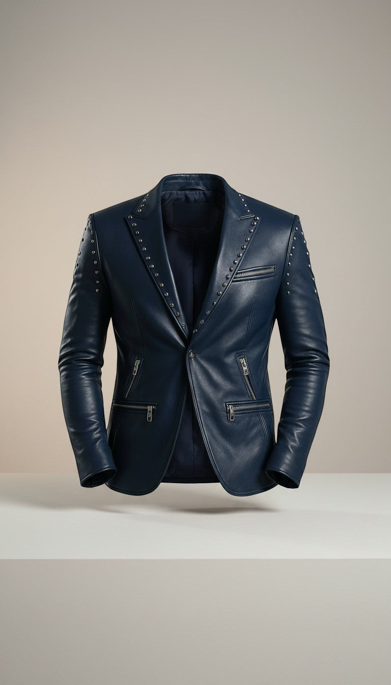 Scarlett Stitch navy blue faux leather blazer jacket with silver stud embellishments on lapels and shoulders, zippered pockets.