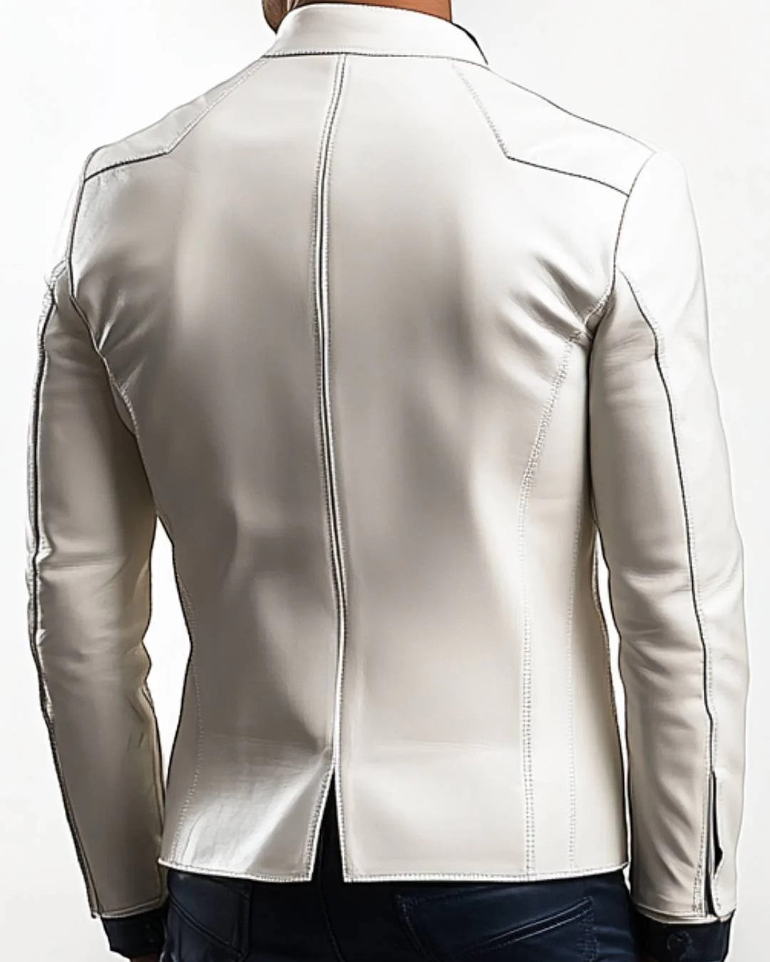 Back view of a Scarlett Stitch off-white leather blazer with tailored seams and a modern, structured fit.
