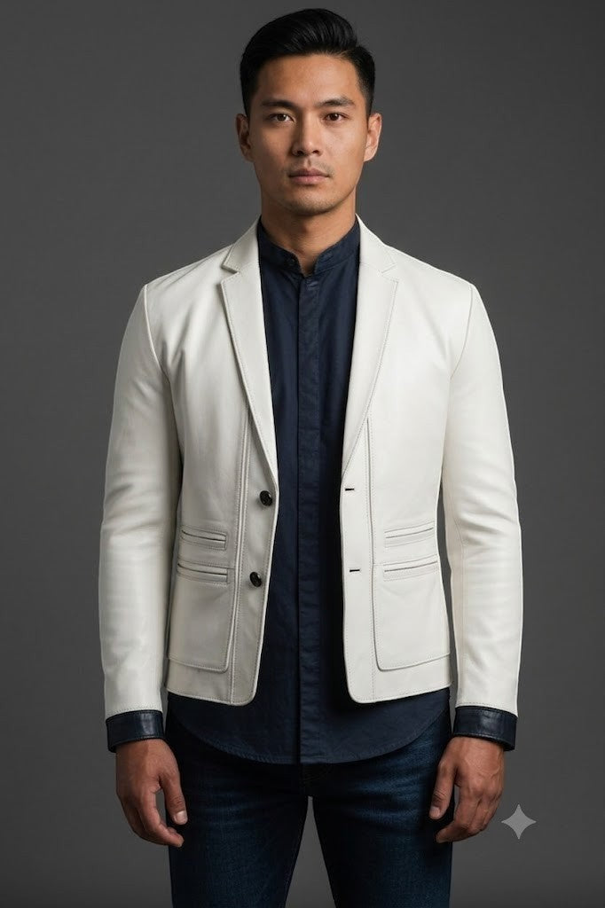 Man wearing a Scarlett Stitch off-white leather blazer with a two-button closure and tailored fit over a dark shirt.