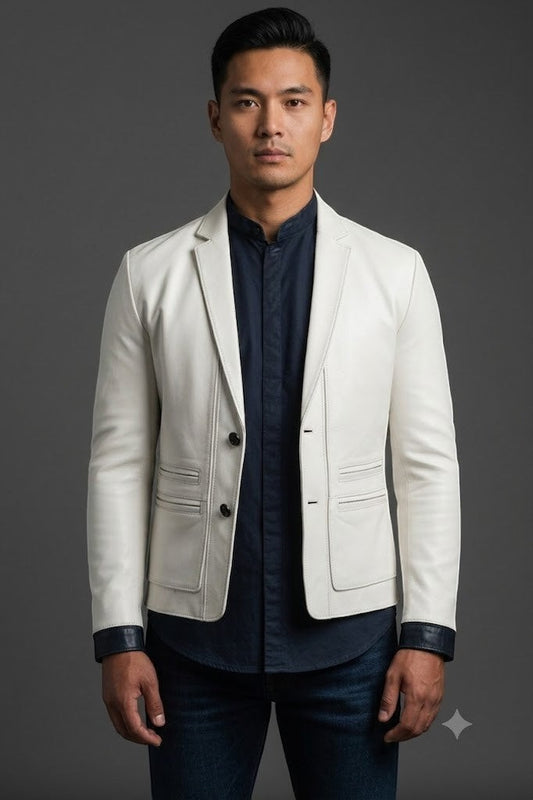 Man wearing a Scarlett Stitch off-white leather blazer with a two-button closure and tailored fit over a dark shirt.