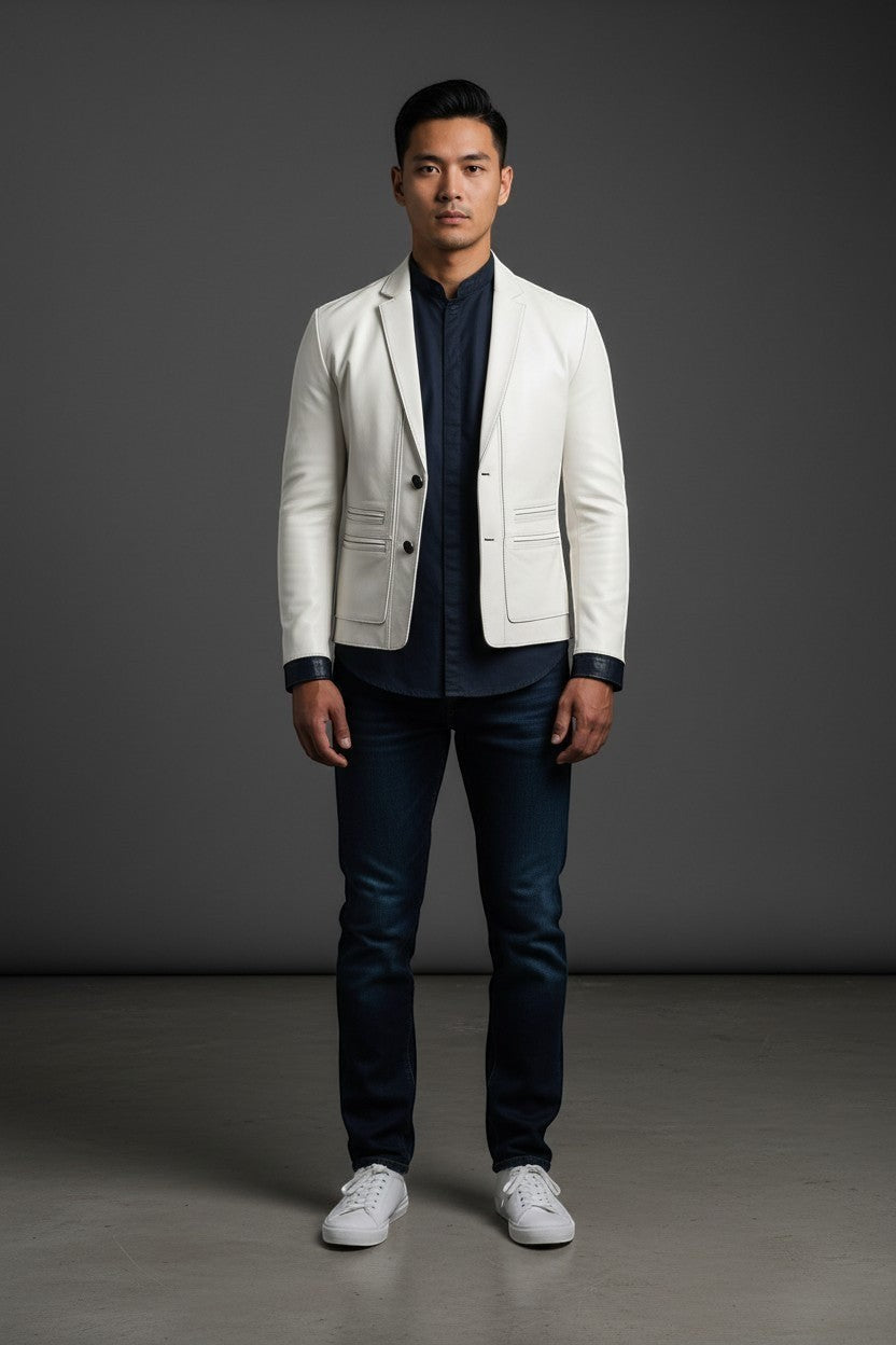 Man wearing a Scarlett Stitch off-white leather blazer with a dark shirt and jeans against a grey studio background.
