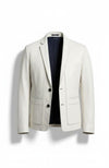 Scarlett Stitch off-white leather blazer with two-button closure and dark interior lining for a modern tailored look.