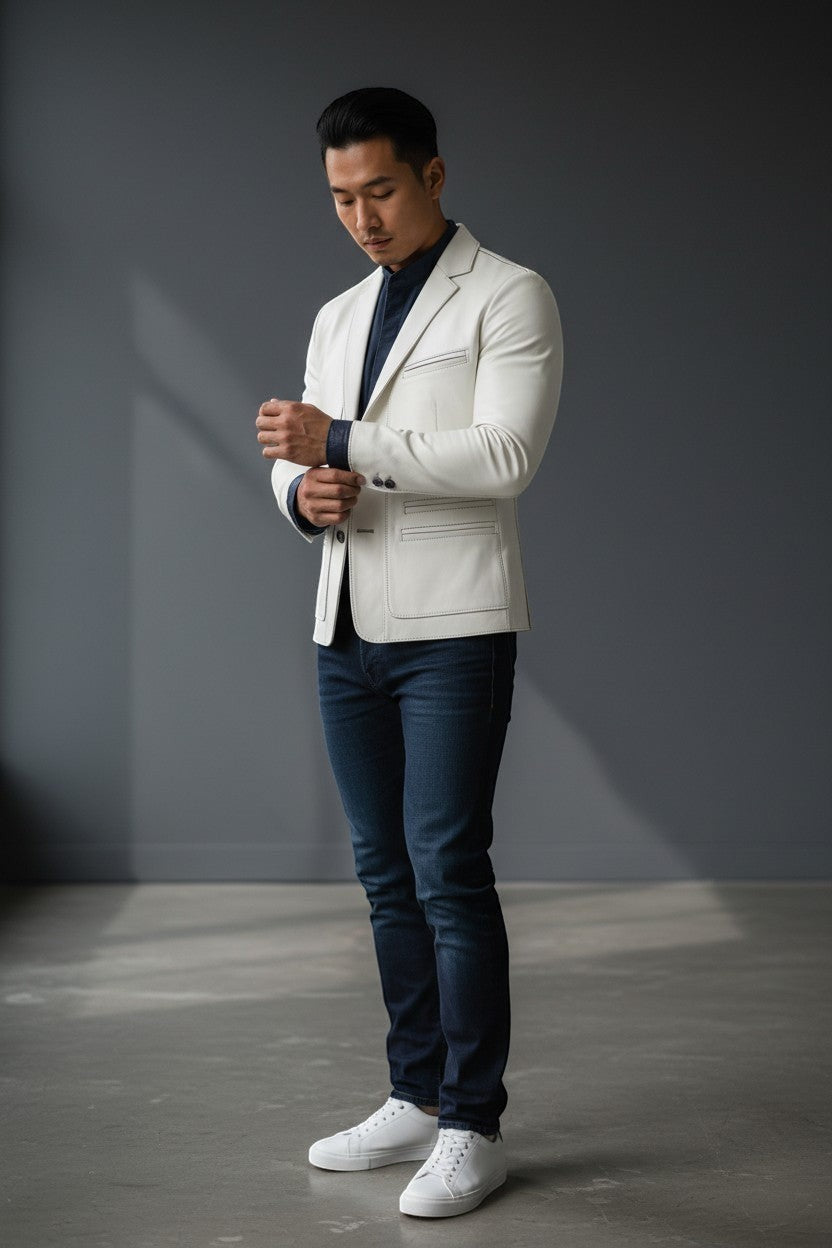 Man wearing a Scarlett Stitch off-white leather blazer with a dark shirt and jeans in a modern studio setting.