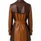 Scarlett Stitch colorblock faux leather trench coat in brown and tan with belted waist and button details.
