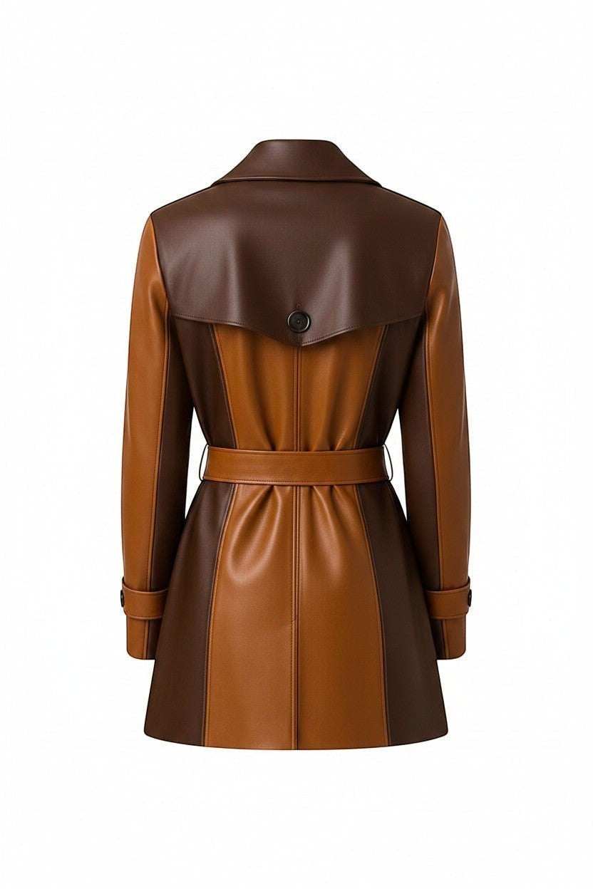 Scarlett Stitch colorblock faux leather trench coat in brown and tan with belted waist and button details.