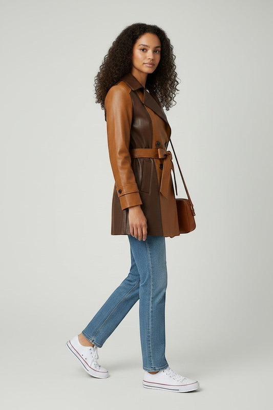 Scarlett Stitch brown and tan faux leather patchwork trench coat with self-tie belt and notched lapel.