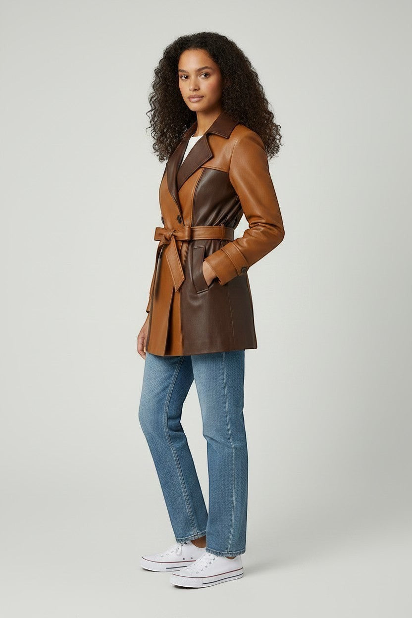 Scarlett Stitch colorblock faux leather trench coat in brown and tan with a belted waist and notched lapel.