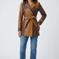 Scarlett Stitch women's tan and brown leather patchwork trench coat with belt and notched lapel.