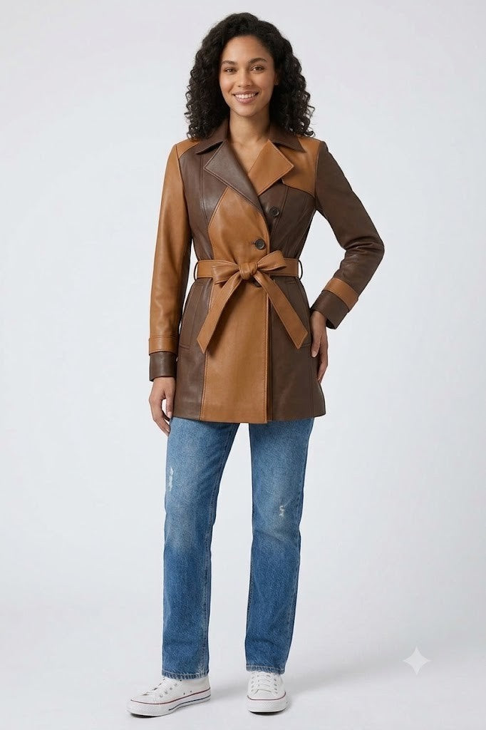 Scarlett Stitch women's tan and brown leather patchwork trench coat with belt and notched lapel.