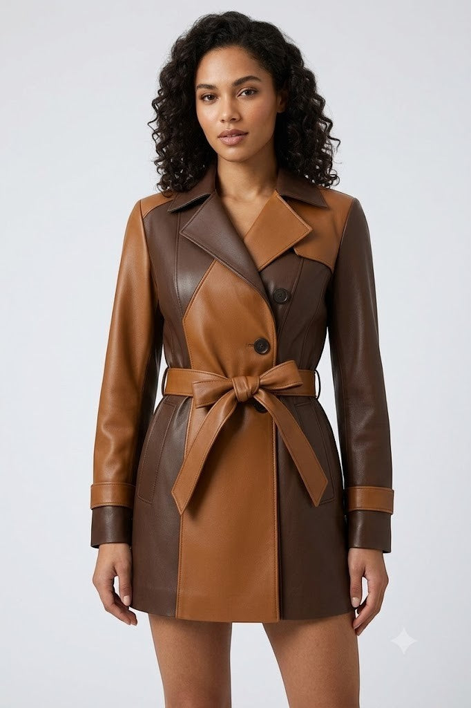 Scarlett Stitch two-tone tan and brown leather trench coat with belted waist and notched lapel.