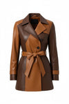 Scarlett Stitch brown and tan faux leather patchwork trench coat with self-tie belt and double-breasted front.