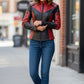 Scarlett Stitch women's red and black genuine leather motorcycle jacket with quilted shoulders and zippered cuffs.