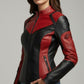 Scarlett Stitch women's red and black genuine leather motorcycle jacket with quilted shoulder accents and zippered cuffs.