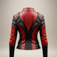Scarlett Stitch women's red and black genuine leather motorcycle jacket with quilted shoulder accents and zippered cuffs.