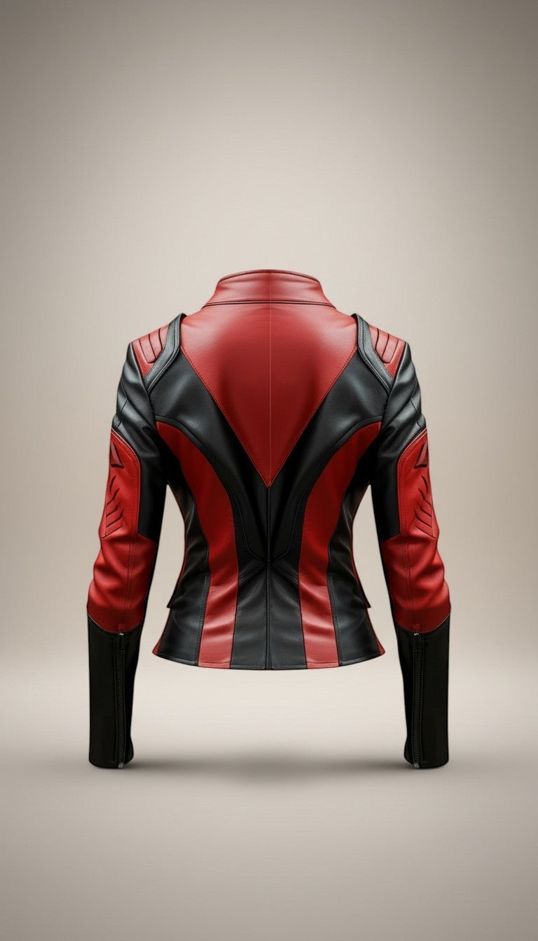 Scarlett Stitch women's red and black genuine leather motorcycle jacket with quilted shoulder accents and zippered cuffs.