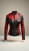 Scarlett Stitch women's red and black genuine leather motorcycle jacket with quilted shoulder accents and zippered cuffs.