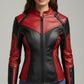 Scarlett Stitch women's red and black genuine leather motorcycle jacket with quilted shoulders and zippered cuffs.