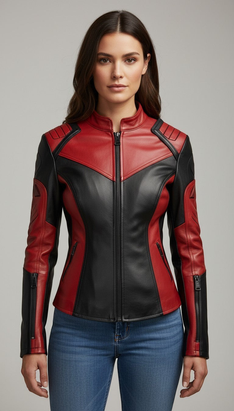 Scarlett Stitch women's red and black genuine leather motorcycle jacket with quilted shoulders and zippered cuffs.