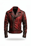 Scarlett Stitch Men's distressed red faux leather moto jacket with asymmetrical zip, notched lapel, and ribbed detailing.