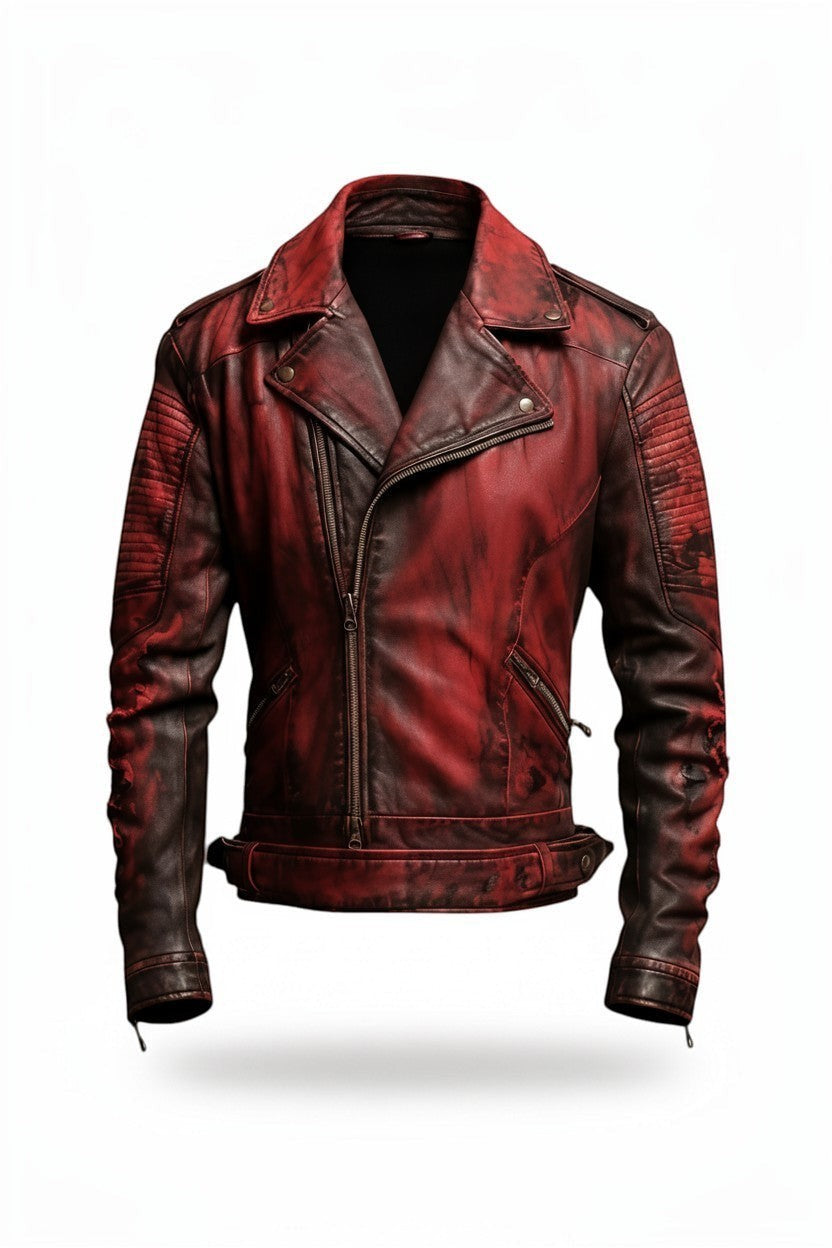 Scarlett Stitch Men's distressed red faux leather moto jacket with asymmetrical zip, notched lapel, and ribbed detailing.