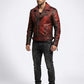 Scarlett Stitch men's distressed red faux leather moto jacket with asymmetrical zip, notched lapel, and ribbed details.