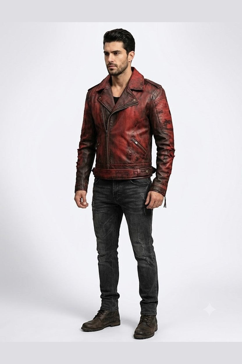 Scarlett Stitch men's distressed red faux leather moto jacket with asymmetrical zip, notched lapel, and ribbed details.