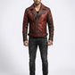 Scarlett Stitch Men's distressed red faux leather moto jacket with asymmetrical zip, notched lapel, and ribbed detailing.