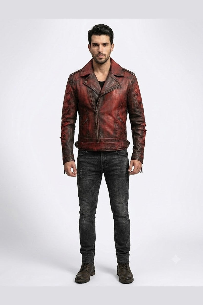 Scarlett Stitch Men's distressed red faux leather moto jacket with asymmetrical zip, notched lapel, and ribbed detailing.