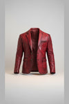Scarlett Stitch Men's distressed red leather blazer jacket with two-button closure and notched lapels.