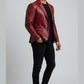 Scarlett Stitch Men's distressed red leather blazer jacket with notched lapels and two-button closure.