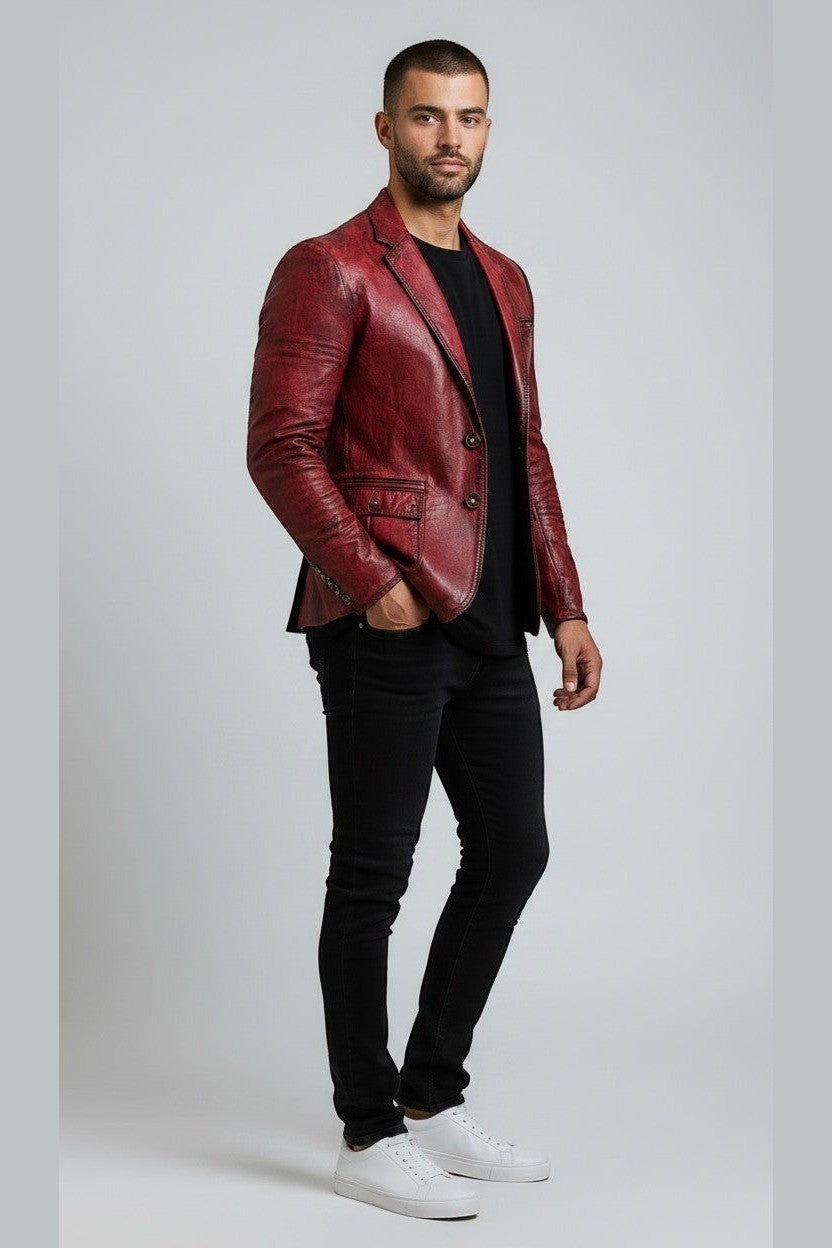 Scarlett Stitch Men's distressed red leather blazer jacket with notched lapels and two-button closure.
