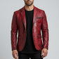 Scarlett Stitch Men's distressed red leather blazer jacket with two-button closure and notched lapels.