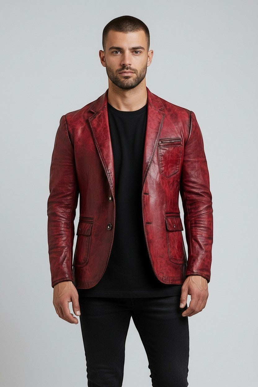 Scarlett Stitch Men's distressed red leather blazer jacket with two-button closure and notched lapels.