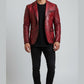 Scarlett Stitch Men's distressed red leather blazer jacket with notched lapels and two-button closure.