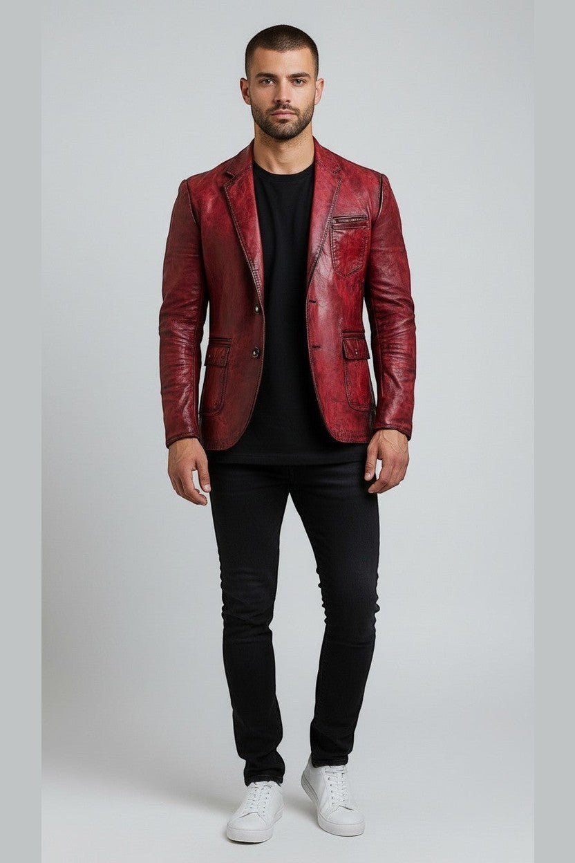 Scarlett Stitch Men's distressed red leather blazer jacket with notched lapels and two-button closure.