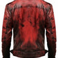 Scarlett Stitch Men's distressed red faux leather moto jacket with ribbed shoulders and adjustable waist tabs.