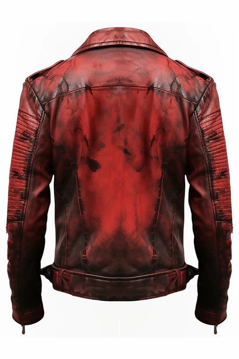 Scarlett Stitch Men's distressed red faux leather moto jacket with ribbed shoulders and adjustable waist tabs.