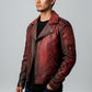 Scarlett Stitch Men's distressed red faux leather moto jacket with asymmetrical zip, notched lapel, and ribbed shoulders.