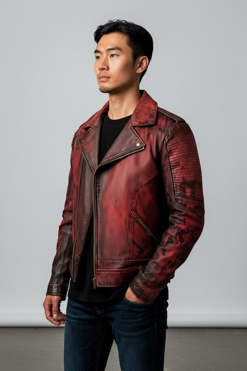 Scarlett Stitch Men's distressed red faux leather moto jacket with asymmetrical zip, notched lapel, and ribbed shoulders.
