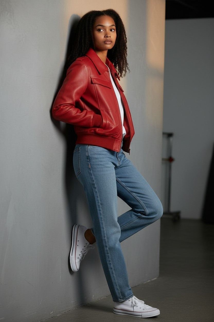 Scarlett Stitch women's red faux leather bomber jacket with ribbed collar, cuffs, and hem. Features flap chest pockets.