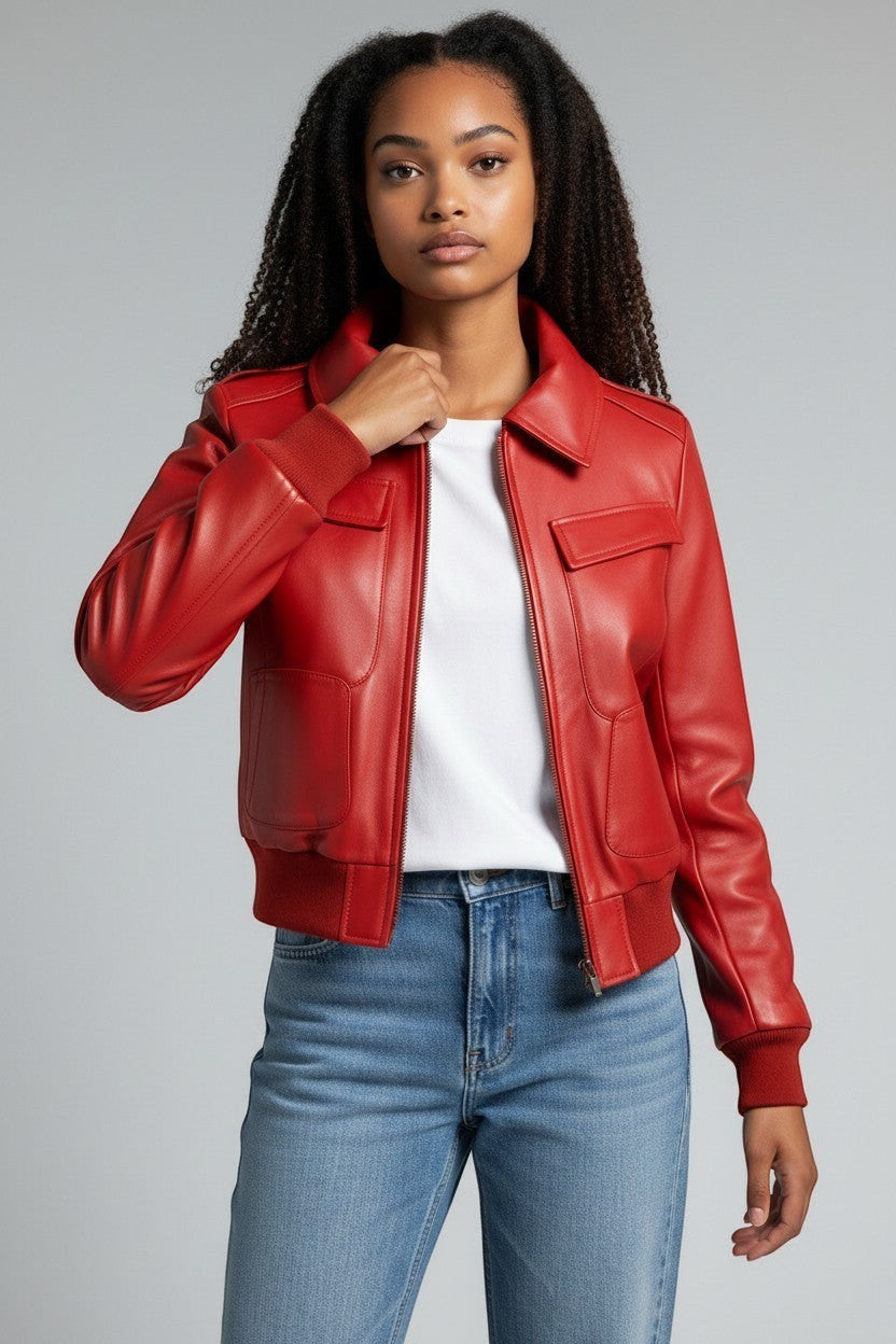 Scarlett Stitch women's red faux leather bomber jacket with ribbed collar, cuffs, and hem. Features zip front and flap pockets.